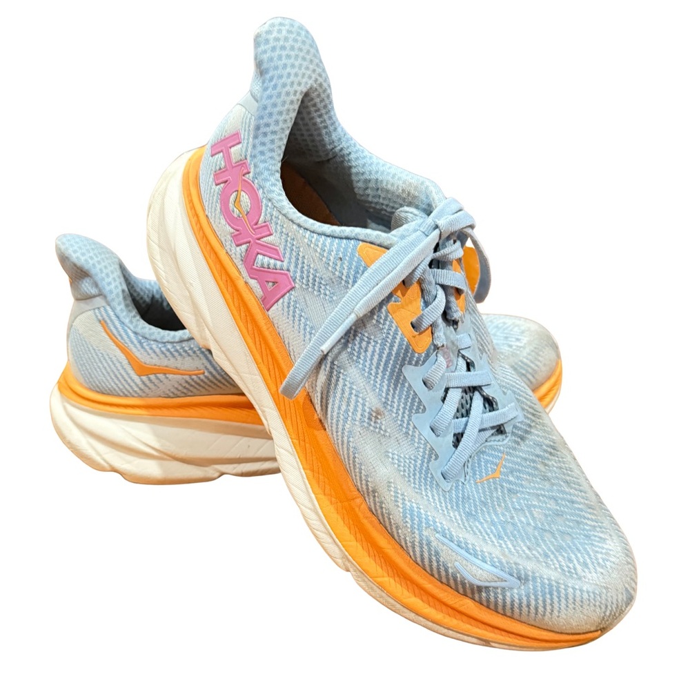 Hoka Women's Light Blue and Orange Running Shoes with Pink Logo